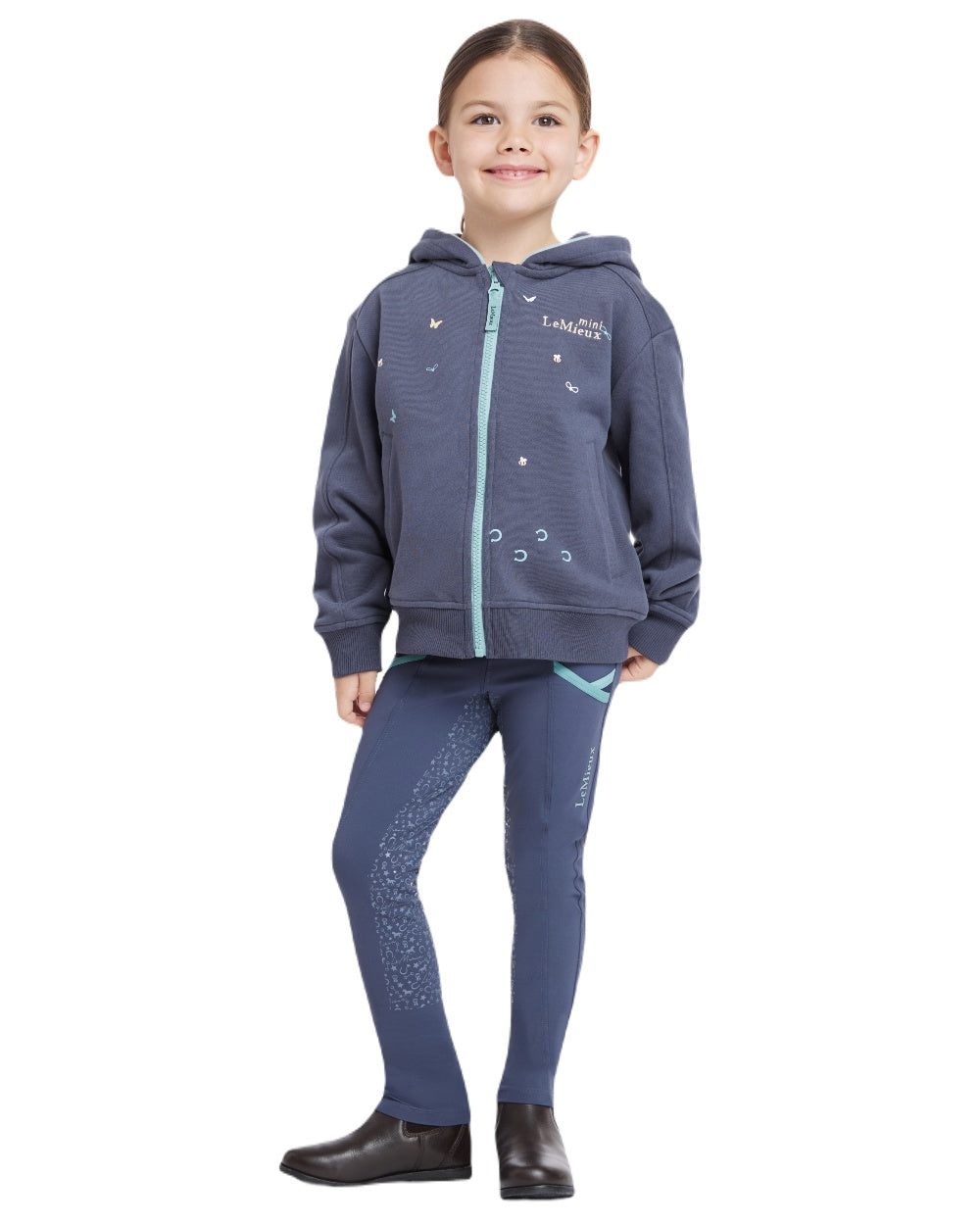 Dusk Blue coloured LeMieux Childrens Mini Charlie Zip Through Hoodie on white background 