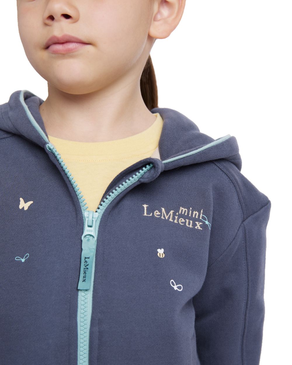 Dusk Blue coloured LeMieux Childrens Mini Charlie Zip Through Hoodie on white background 