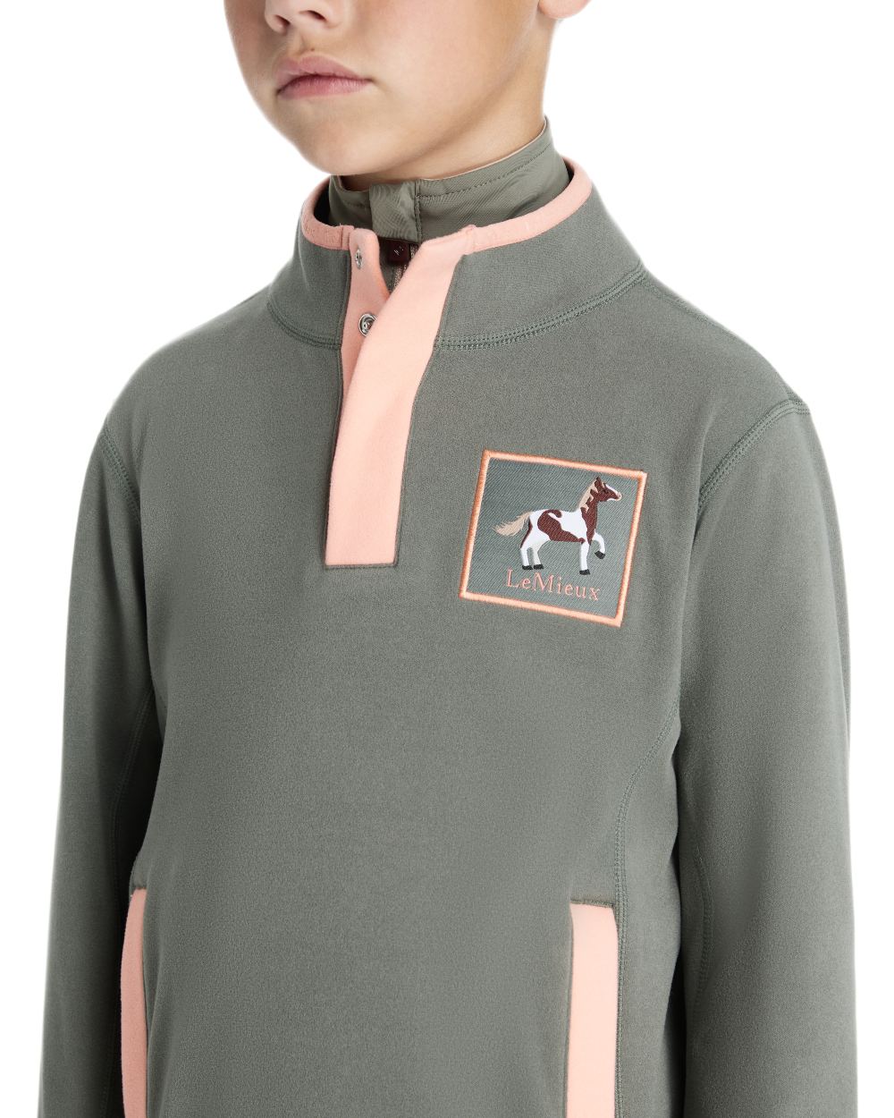 Rosemary coloured LeMieux Childrens Mini Mae Popper Fleece on white background 