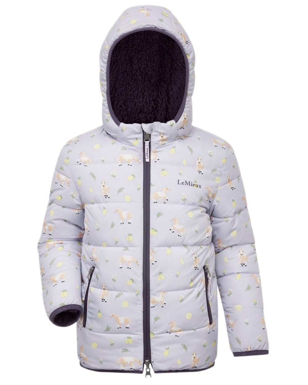 Lilac coloured LeMieux Childrens Mini Printed Lilo Puffer Jacket on white background 