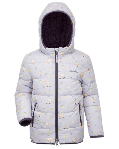 Lilac coloured LeMieux Childrens Mini Printed Lilo Puffer Jacket on white background 