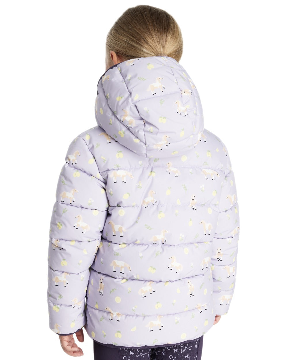 Lilac coloured LeMieux Childrens Mini Printed Lilo Puffer Jacket on white background 