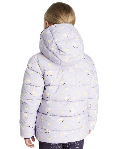 Lilac coloured LeMieux Childrens Mini Printed Lilo Puffer Jacket on white background 
