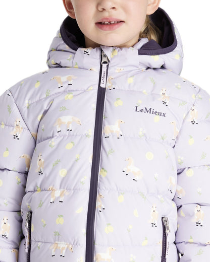Lilac coloured LeMieux Childrens Mini Printed Lilo Puffer Jacket on white background 