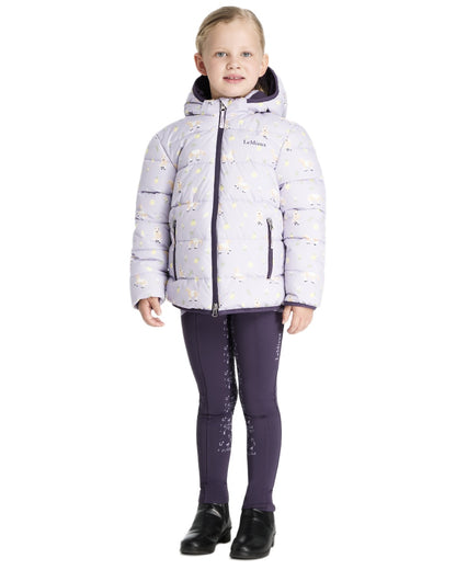 Lilac coloured LeMieux Childrens Mini Printed Lilo Puffer Jacket on white background 