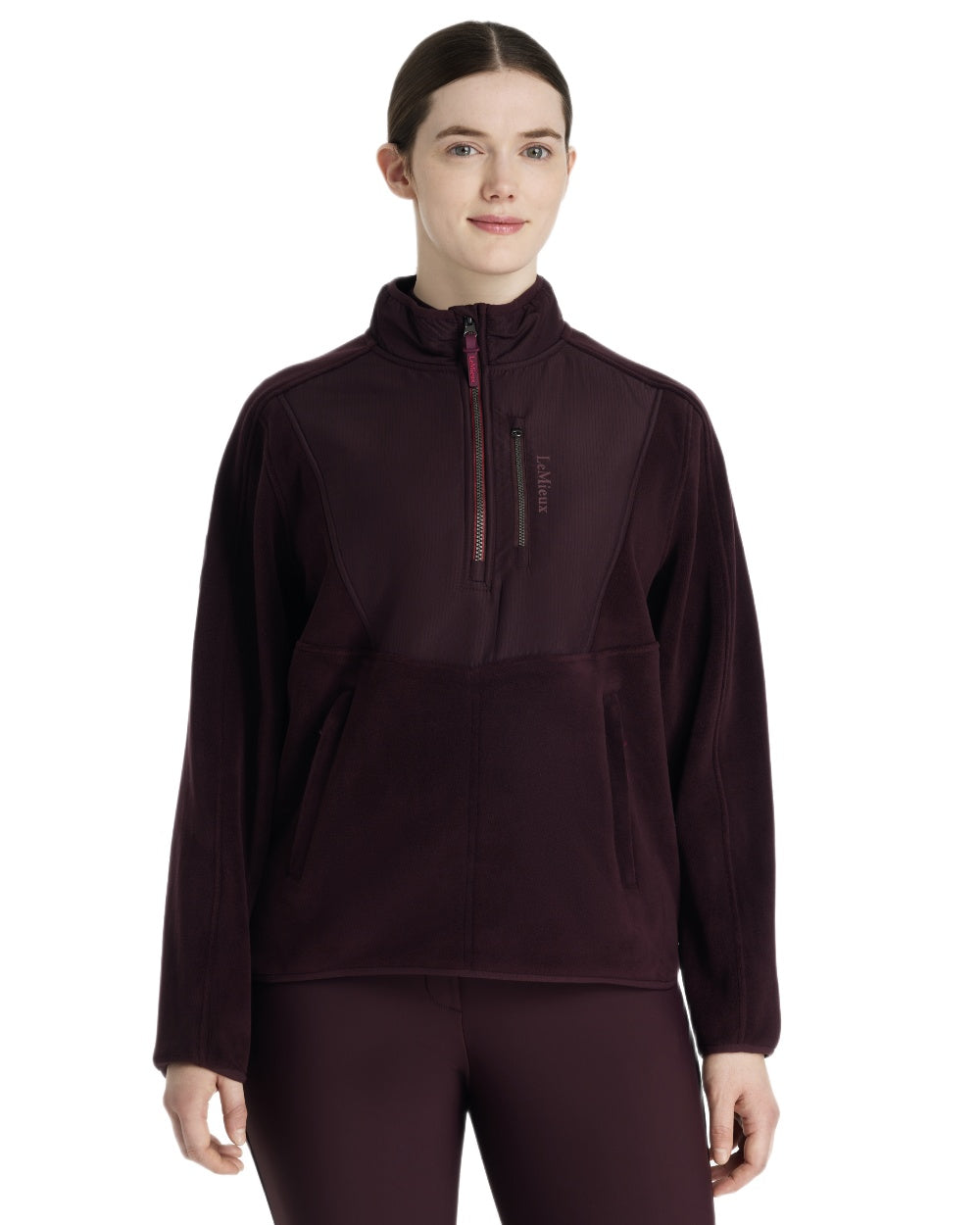 Damson coloured LeMieux Clara Hybrid Fleece on white background 