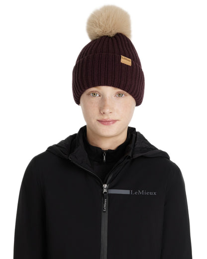 Damson coloured LeMieux Clara Rib Beanie on white background 