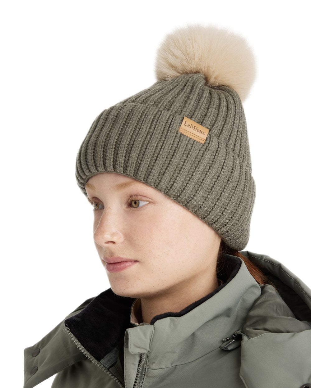 Rosemary coloured LeMieux Clara Rib Beanie on white background 