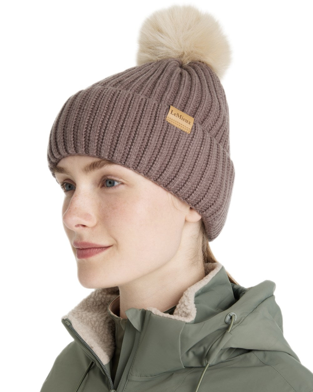 Walnut coloured LeMieux Clara Rib Beanie on white background 