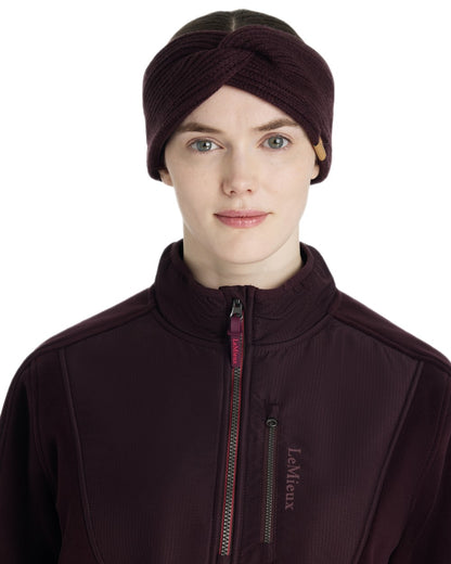 Damson coloured LeMieux Clara Rib Knot Headband on white background 