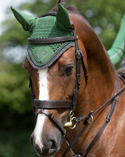 Hunter Green coloured LeMieux Classic Fly Hood on outdoor background 