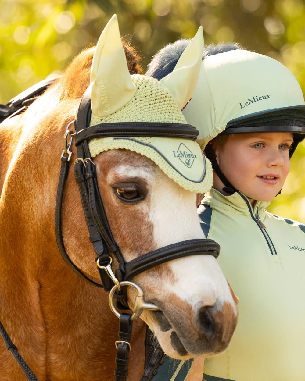 Macaron coloured LeMieux Classic Fly Hood on outdoor background 