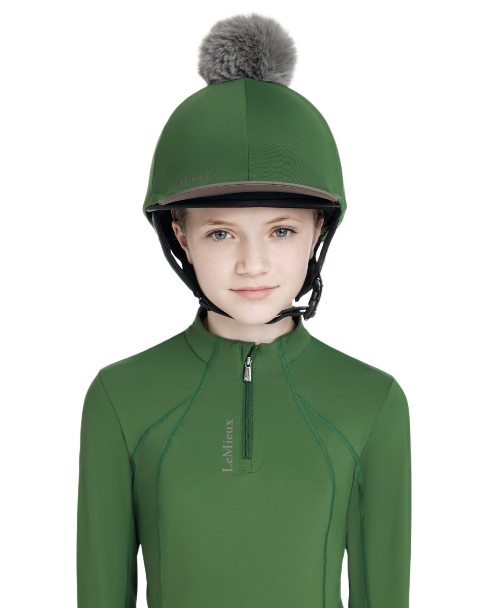Hunter Green coloured LeMieux Classique Pom Hat Silk on white background 