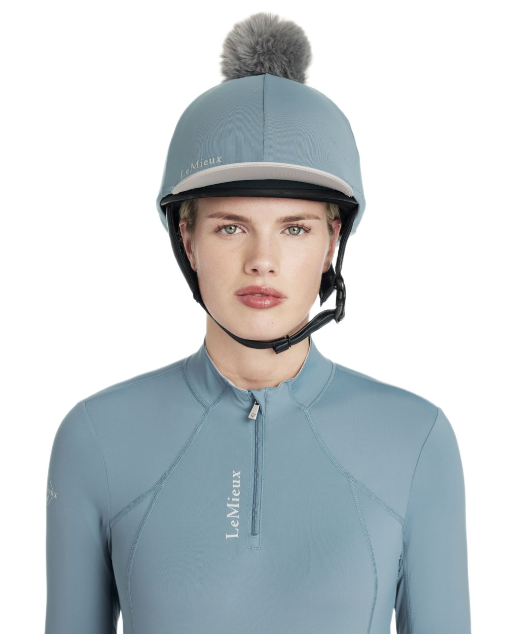 Ice Blue coloured LeMieux Classique Pom Hat Silk on white background 