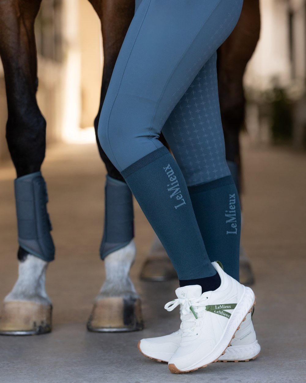 Petrol coloured LeMieux Competition Socks - Twin Pack Clearance on stable background 