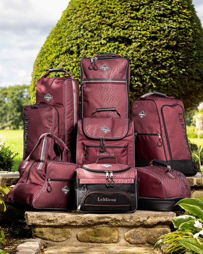 Burgundy coloured LeMieux Elite Pro Bridle Bag on outdoor background 
