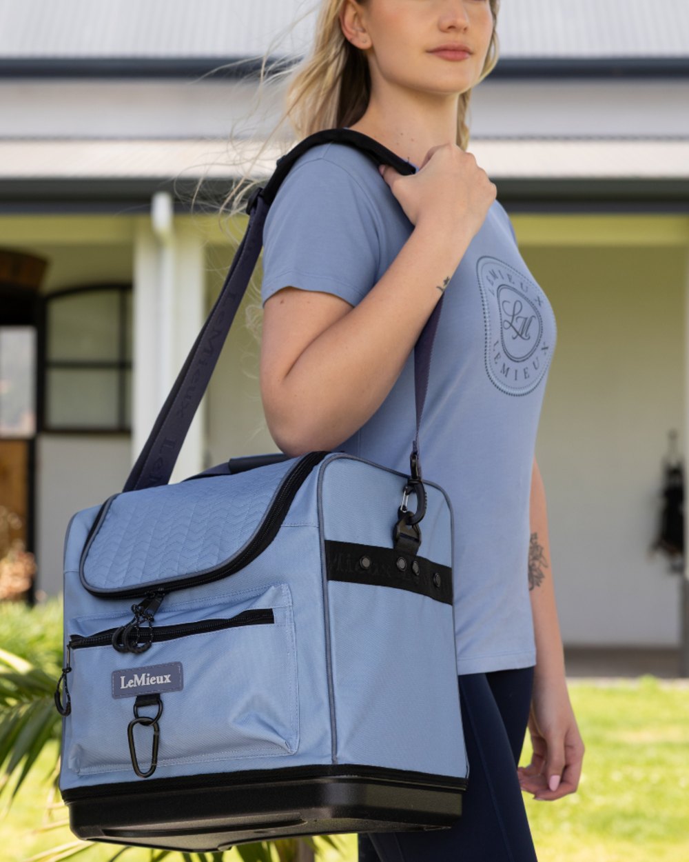 Powder Blue coloured LeMieux Elite Pro Grooming Bag on outdoor background 