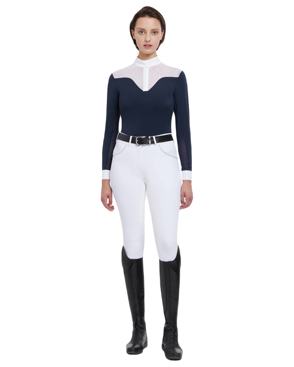 Navy coloured LeMieux Emily Long Sleeve Show Shirt on white background 
