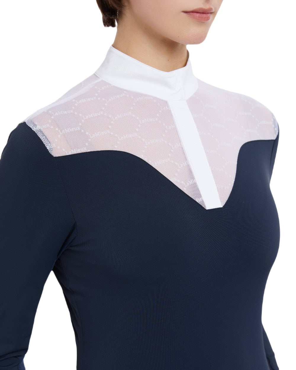 Navy coloured LeMieux Emily Long Sleeve Show Shirt on white background 