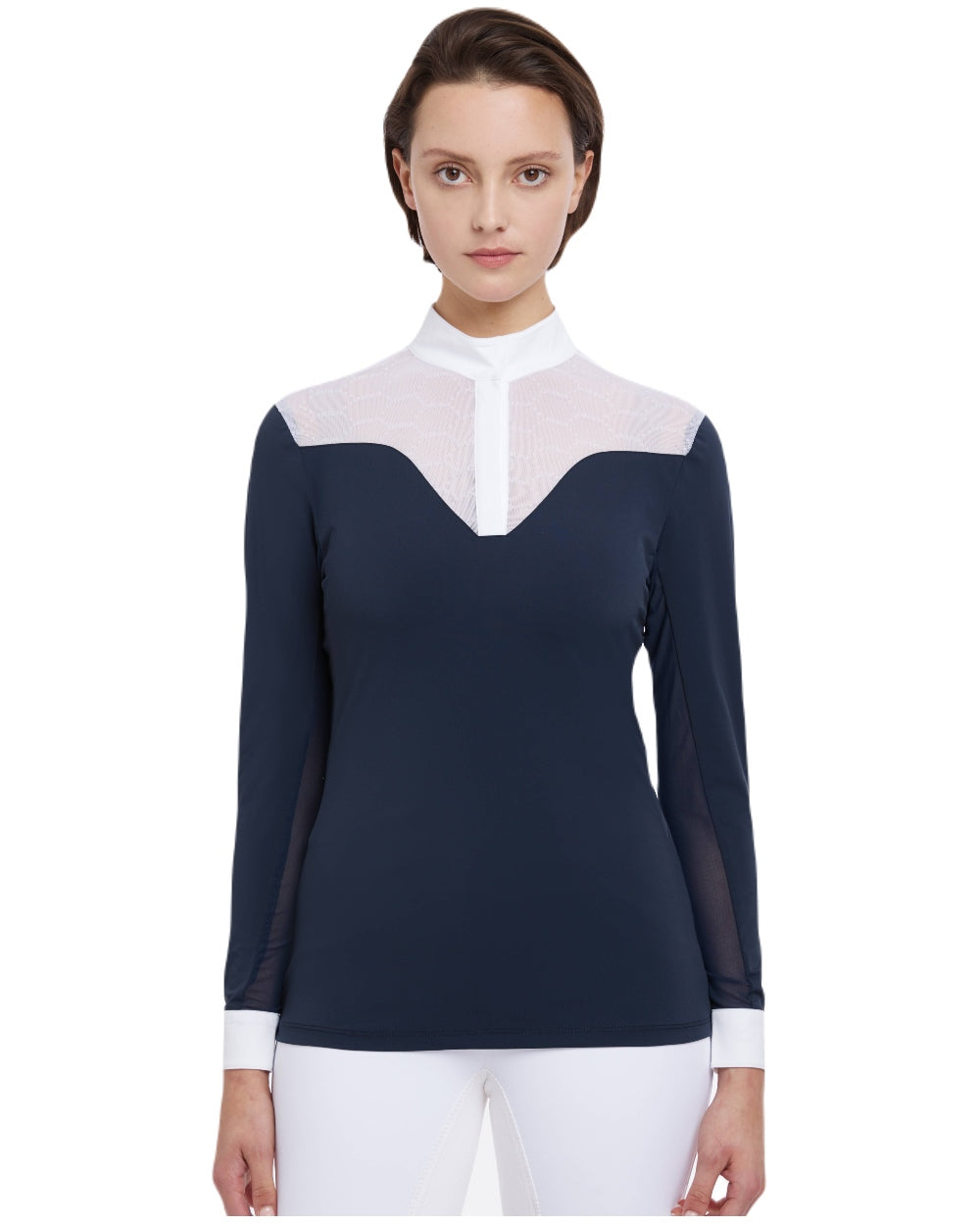 Navy coloured LeMieux Emily Long Sleeve Show Shirt on white background 
