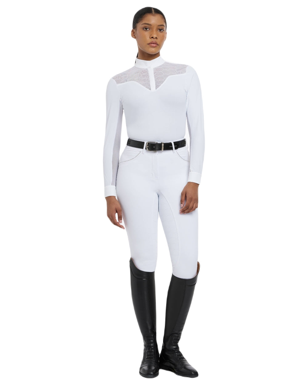 White coloured LeMieux Emily Long Sleeve Show Shirt on white background 