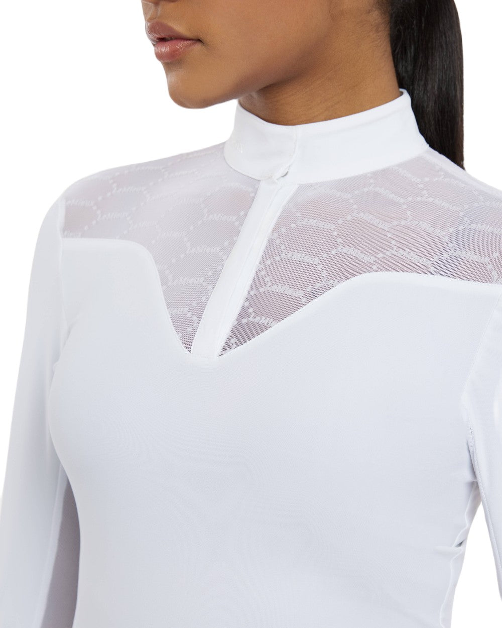 White coloured LeMieux Emily Long Sleeve Show Shirt on white background 