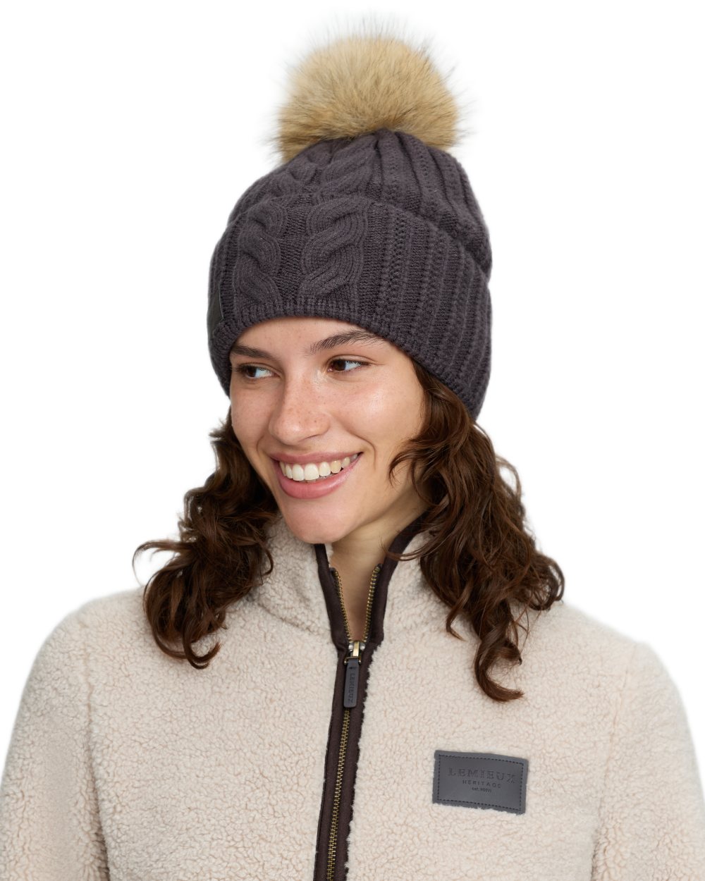 Cocoa coloured LeMieux Heritage Beanie on white background 