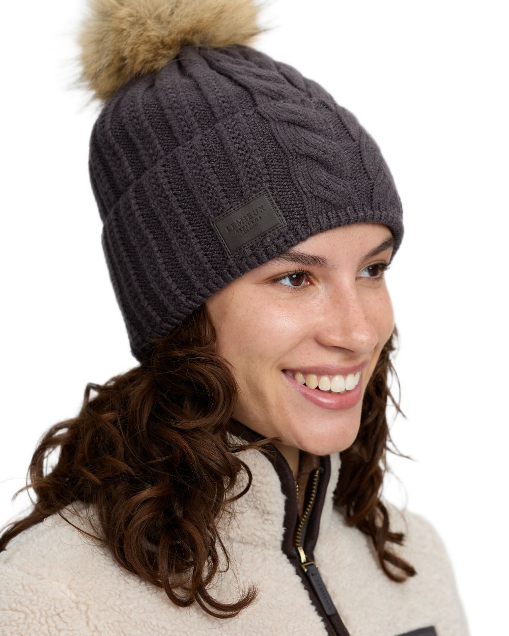 Cocoa coloured LeMieux Heritage Beanie on white background 