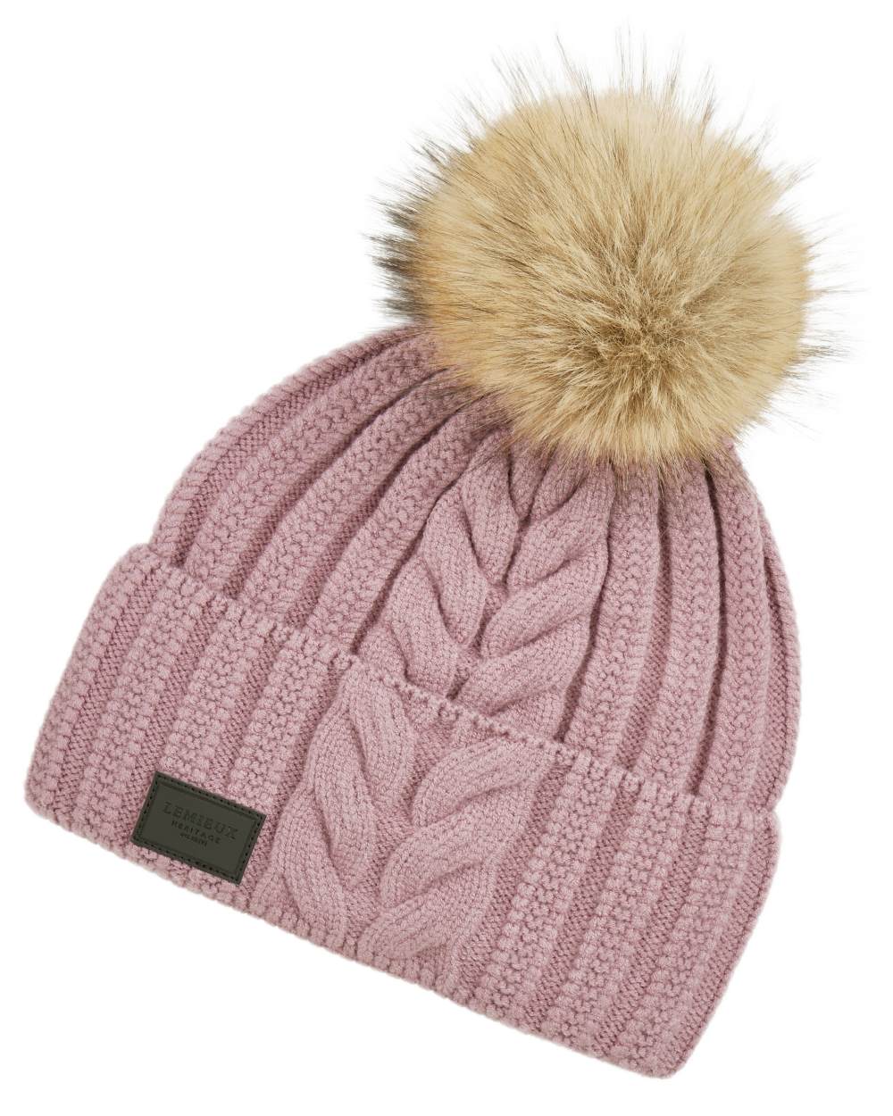 Wild Rose coloured LeMieux Heritage Beanie on white background 