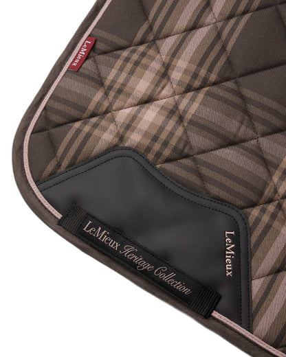 Cocoa coloured LeMieux Heritage Check Dressage Square on white background 