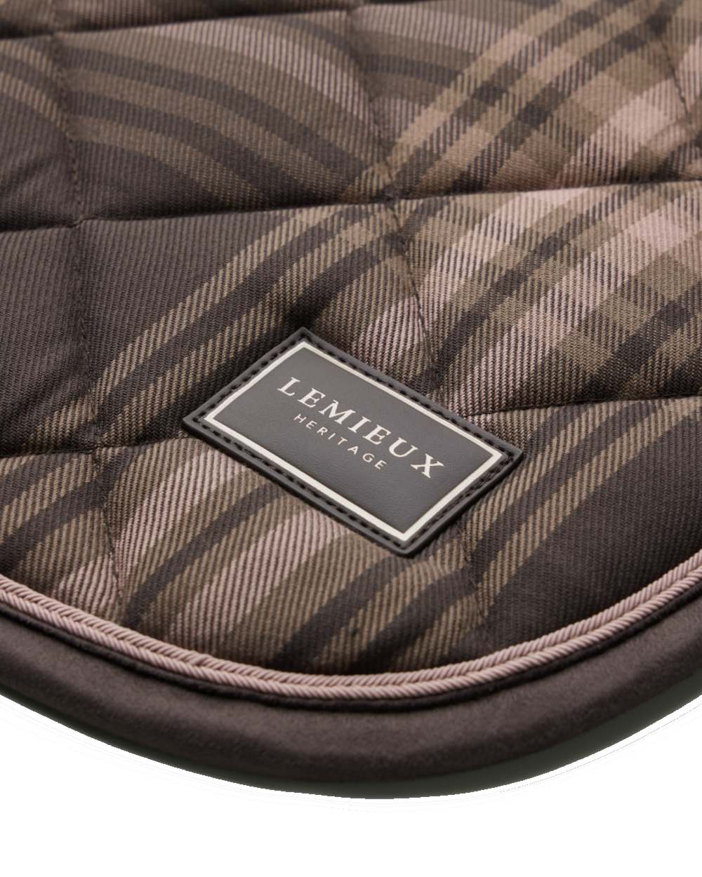 Cocoa coloured LeMieux Heritage Check Dressage Square on white background 