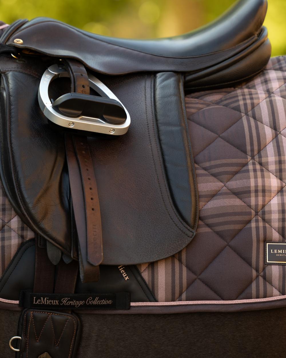 Cocoa coloured LeMieux Heritage Check Dressage Square on outdoor background 