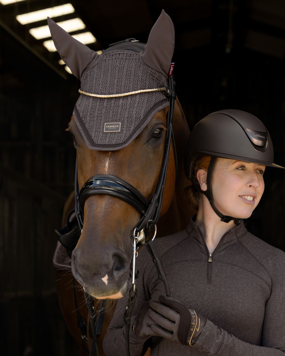 Cocoa coloured LeMieux Heritage Fly Hood on outdoor background 
