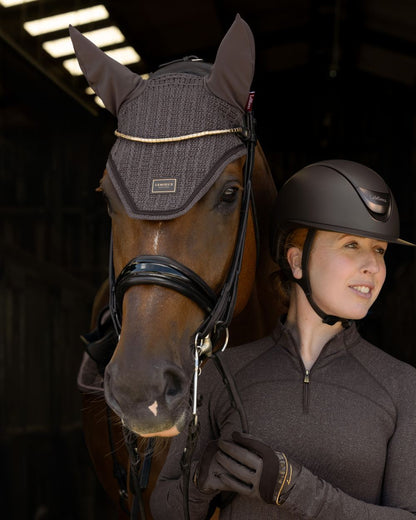 Cocoa coloured LeMieux Heritage Fly Hood on outdoor background 