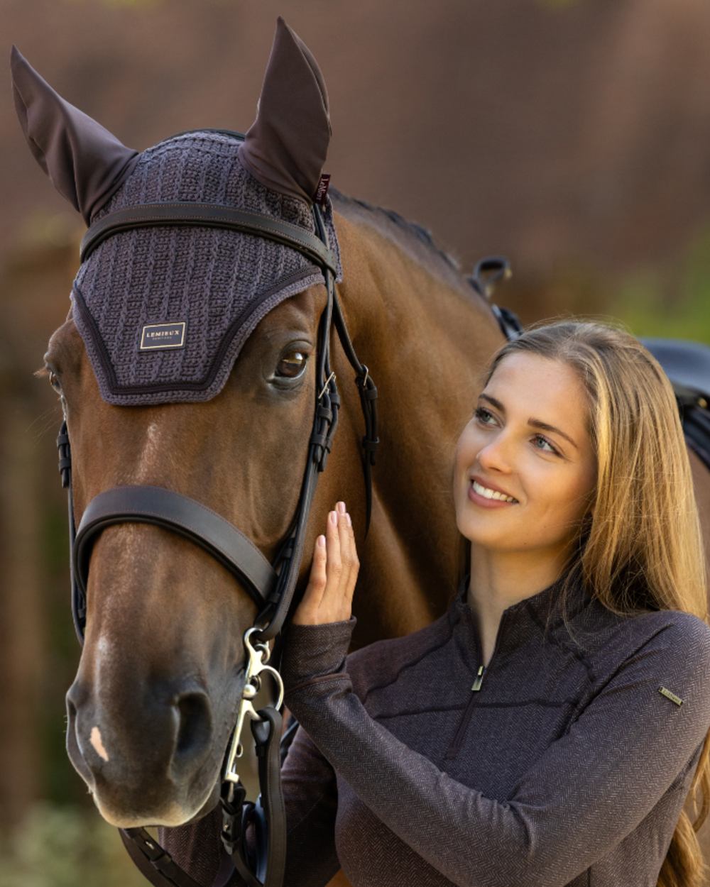 Cocoa coloured LeMieux Heritage Fly Hood on outdoor background 