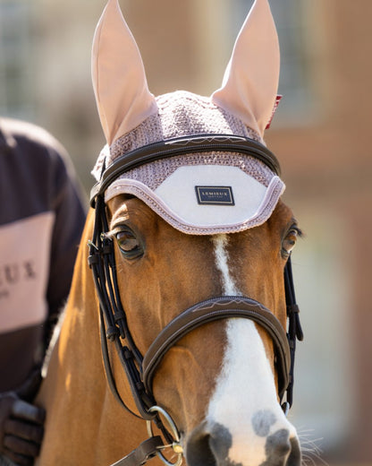 Wild Rose coloured LeMieux Heritage Fly Hood on outdoor background 
