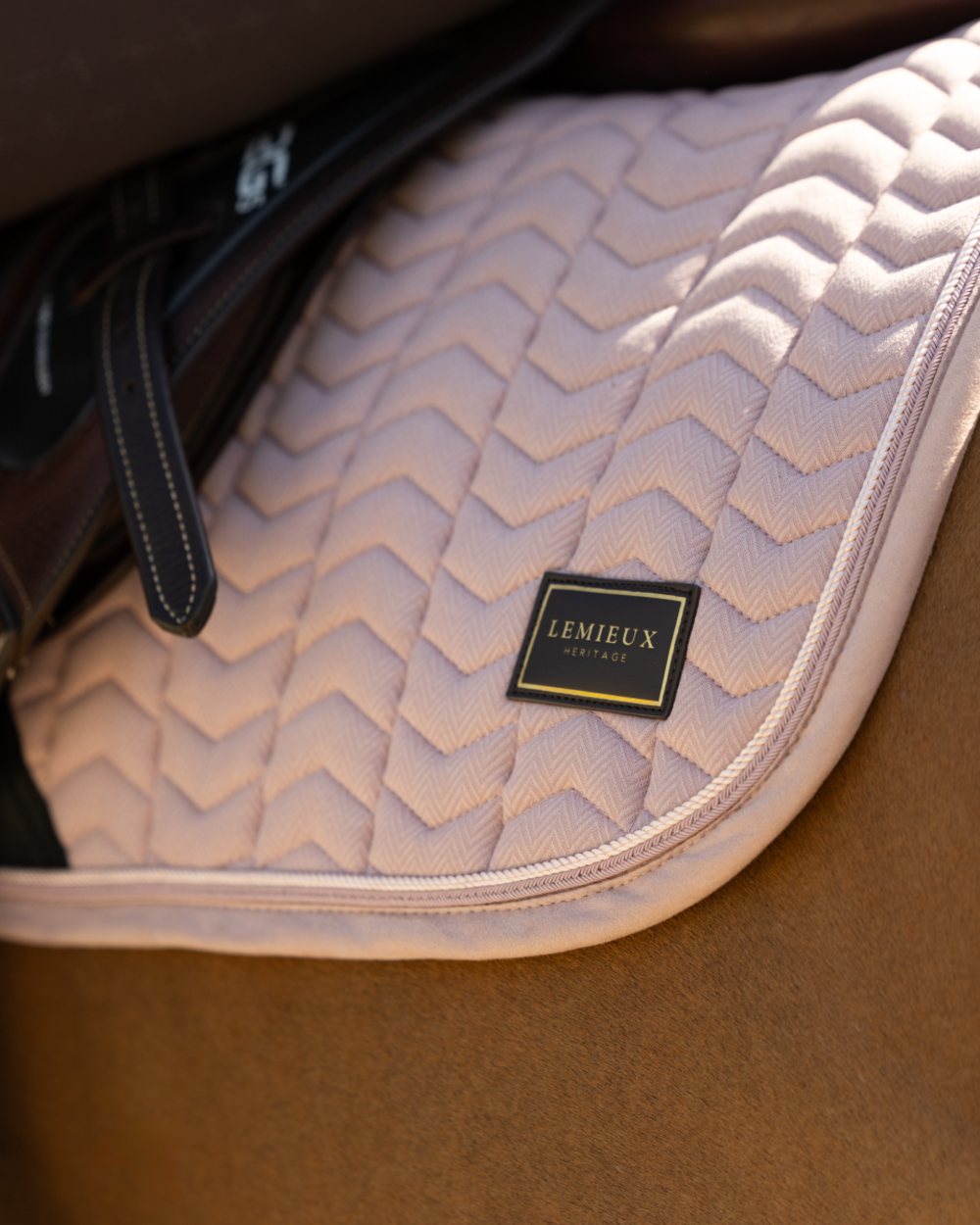 Wild Rose coloured LeMieux Heritage Herringbone Jump Square on outdoor background 