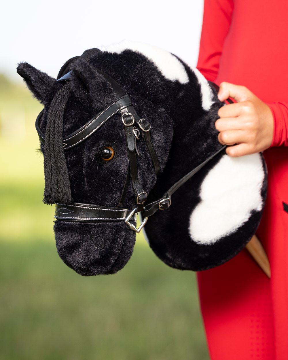 Black coloured LeMieux Hobby Horse Competition Bridle on blurry background 