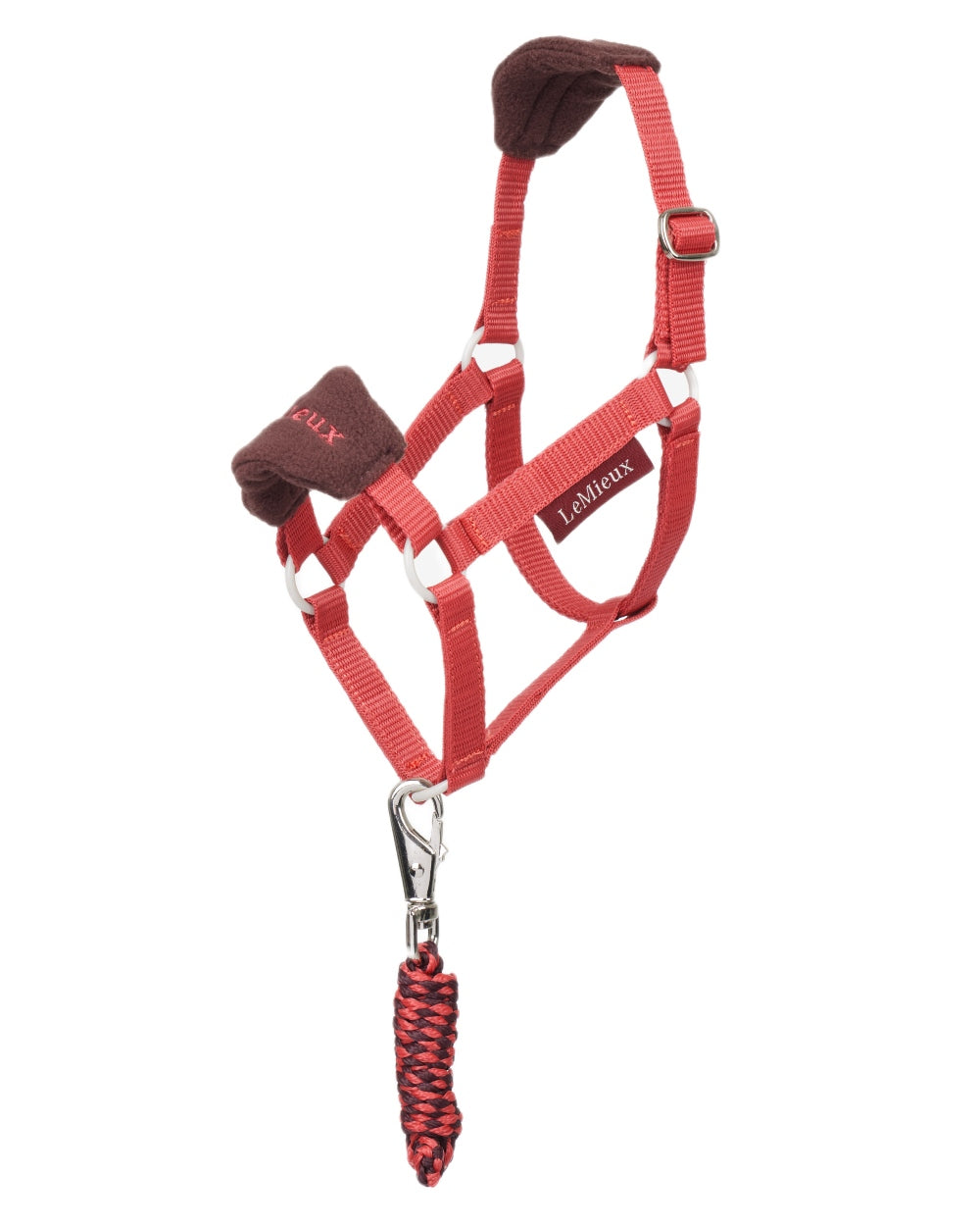 Cranberry coloured LeMieux Hobby Horse Vogue Headcollar on white background 