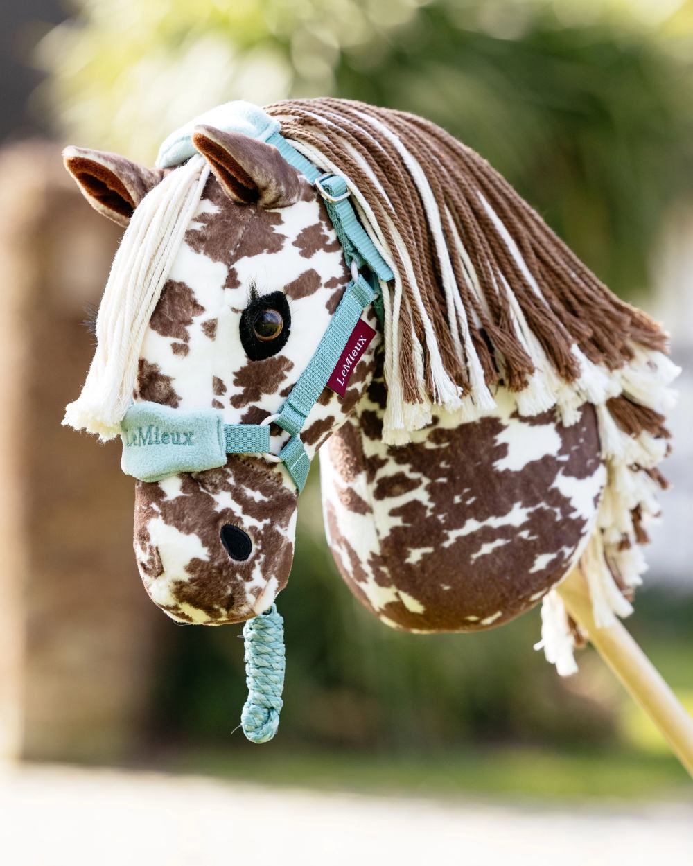 Lagoon coloured LeMieux Hobby Horse Vogue Headcollar on blurry background 