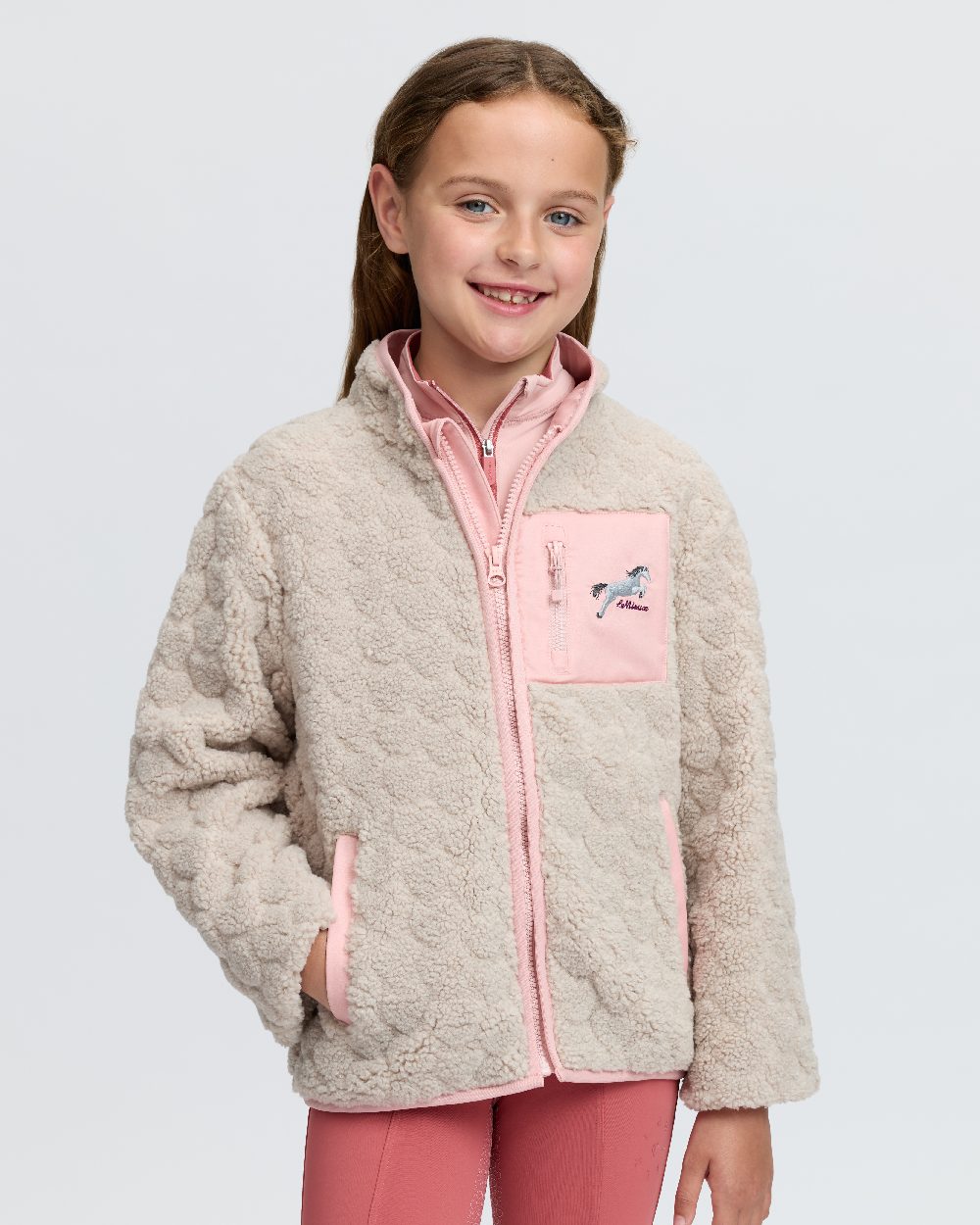 Stone Coloured LeMieux Kids Mini Thora Heart Fleece on White Background 