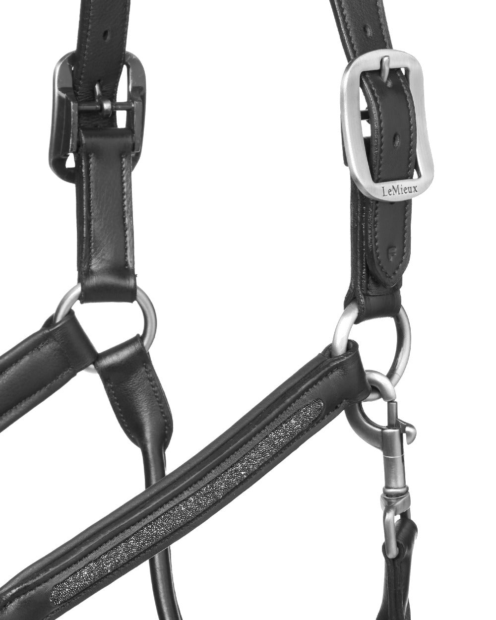 Black coloured LeMieux Leather Crystal Headcollar on white background 