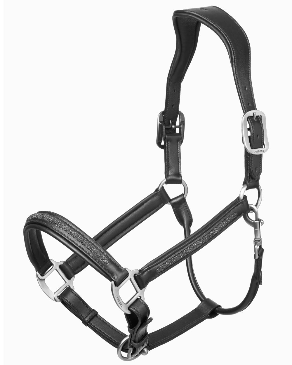 Black coloured LeMieux Leather Crystal Headcollar on white background 