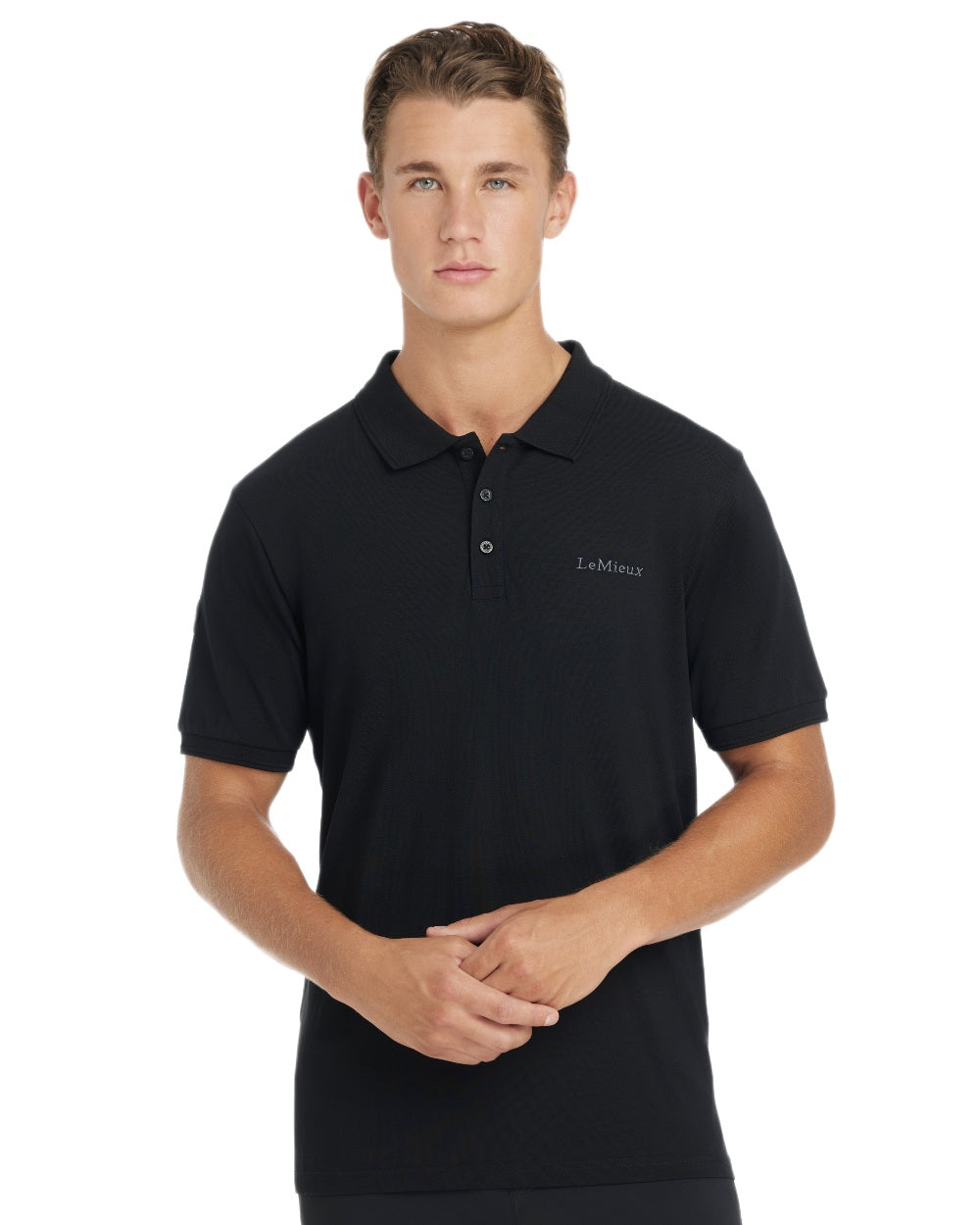 Black coloured LeMieux Mens Classique Polo T-Shirt on white background 