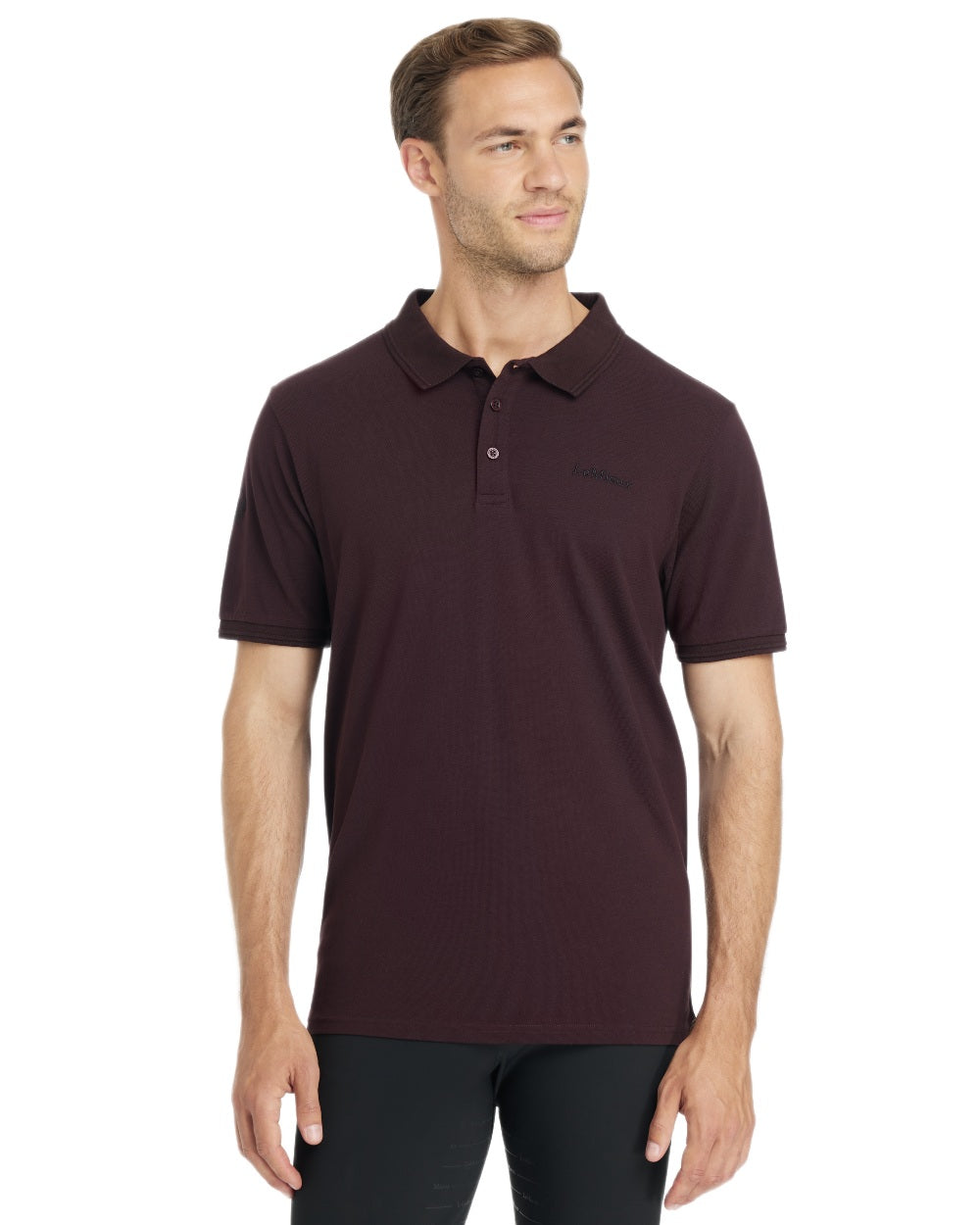 Damson coloured LeMieux Mens Classique Polo T-Shirt on white background 