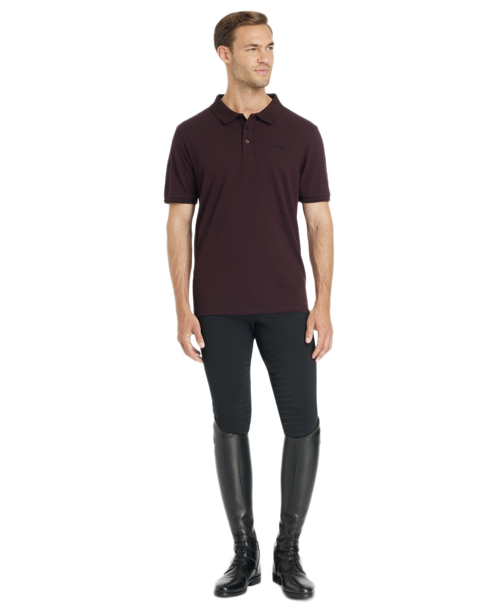 Damson coloured LeMieux Mens Classique Polo T-Shirt on white background 