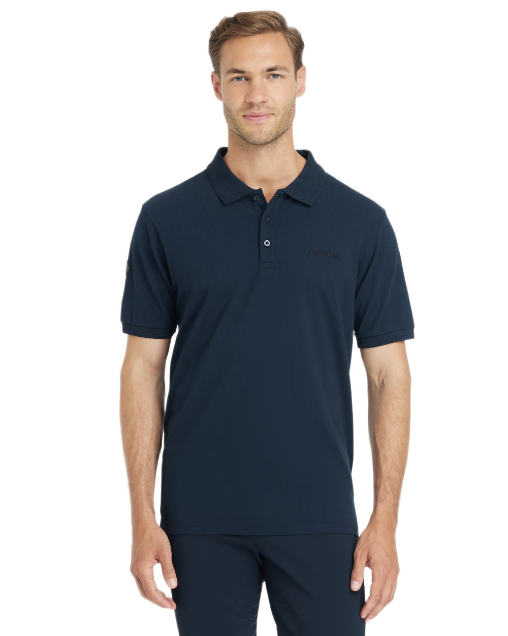 Navy coloured LeMieux Mens Classique Polo T-Shirt on white background 