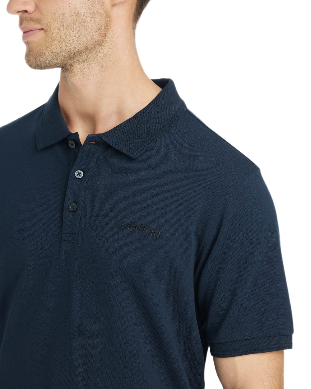Navy coloured LeMieux Mens Classique Polo T-Shirt on white background 