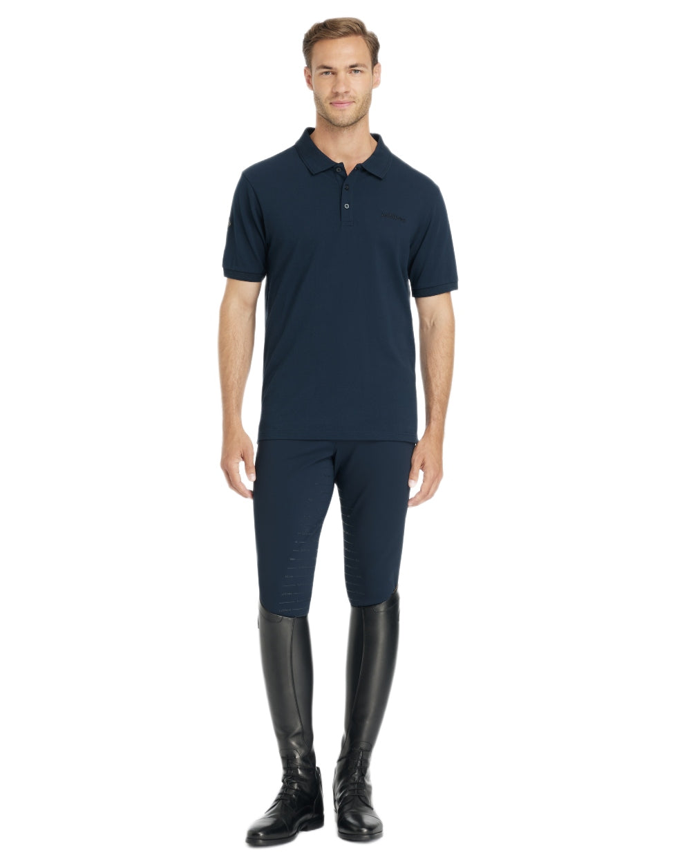 Navy coloured LeMieux Mens Classique Polo T-Shirt on white background 