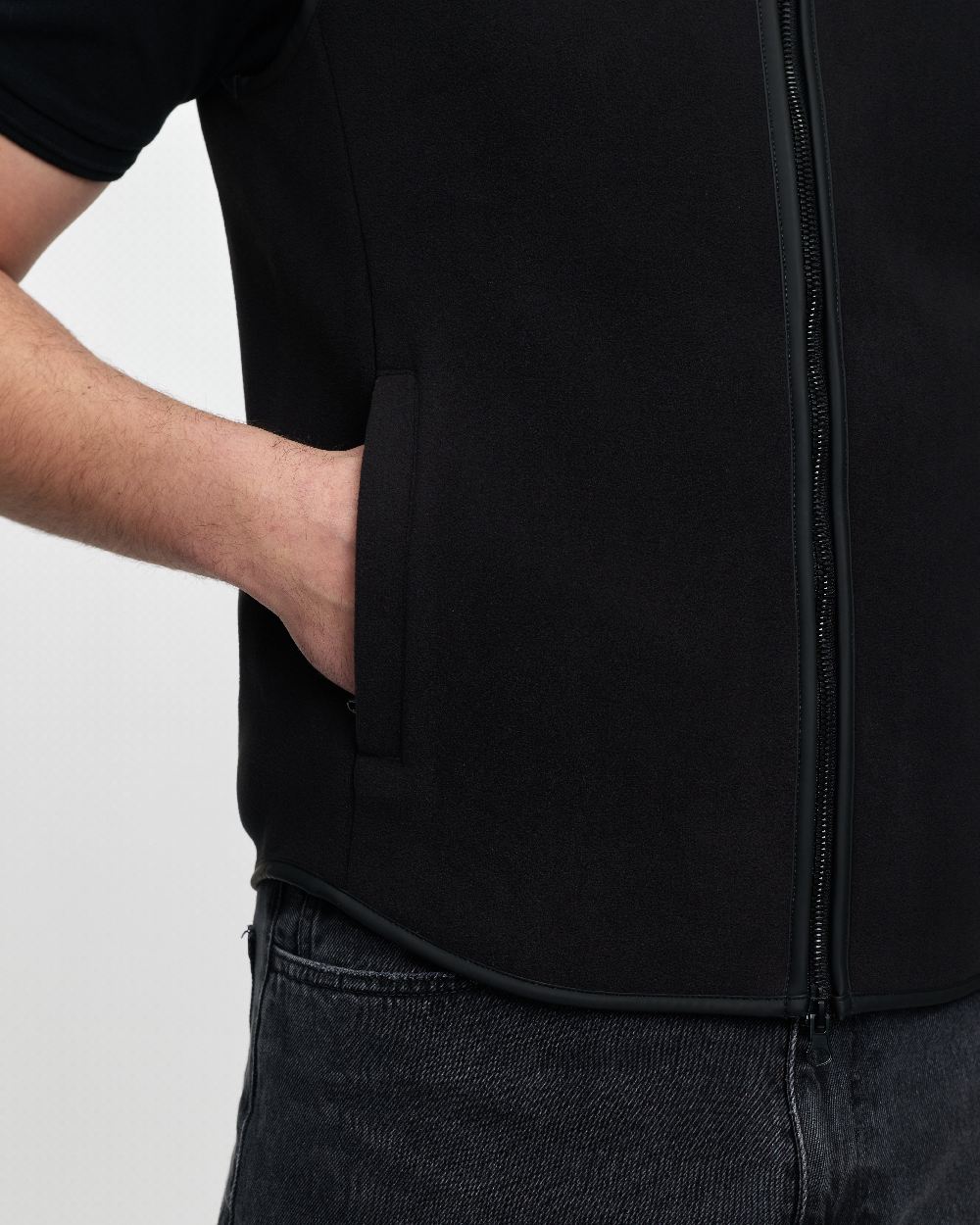 Black Coloured LeMieux Mens Fleece Gilet on White Background 